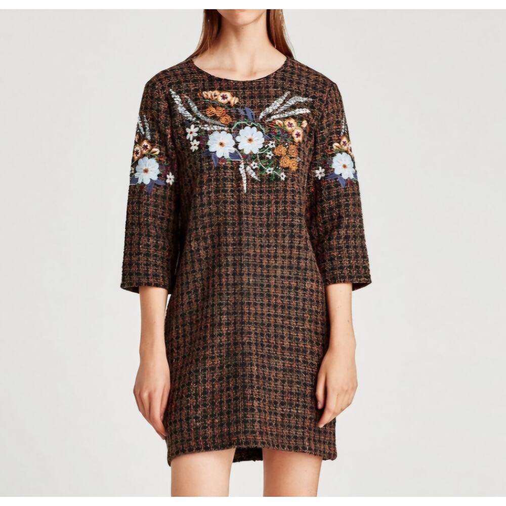 Zara Embroidered Plaid Tweed Mini Dress 3/4 Sleeves Brown Boho Twee